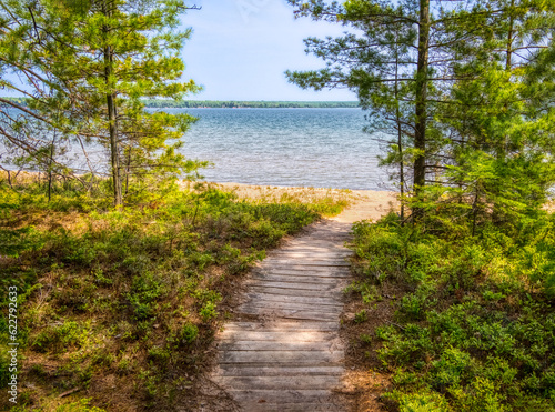Fototapeta Naklejka Na Ścianę i Meble -  Boardwalk to the beach in Big Bay State Park on Lake Superior on Madeline Island in the Apostle Islands National Lakeshore in Wisconsin USA