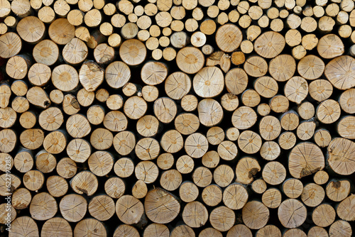 Industrial wood for the production of lumber, boards, pulp, paper and furniture. Dry tree trunks stacked in an even pile at a sawmill