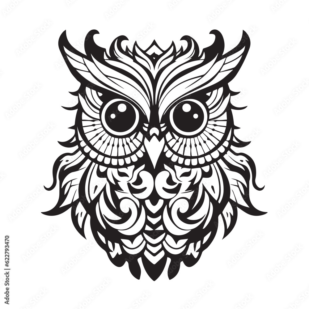 Owl - vector illustration. Icon, logo design in carton, doodle style. Black and white