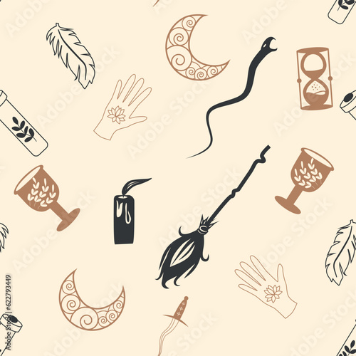 Magic and heaven seamless pattern, with magical elements such as snake, eye. Symbols and elements of the witchcraft theme.