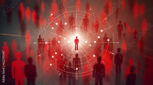 Red dartboard and red arrow connection linkage with human icon for customer focus target group and customer relation management concept, Generative Ai photo