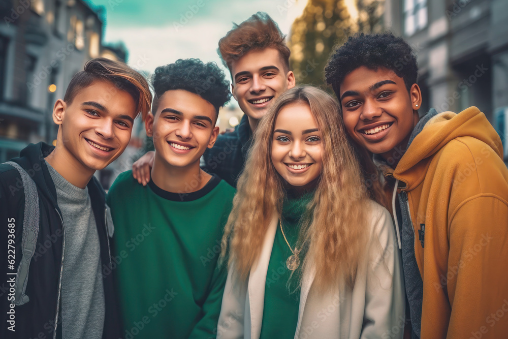 Happy group of young student of different nationality. multiracial millennial teenage. generative ai, generative, ai Happy group of young student of different nationality. multiracial millennial teenage. generative ai, generative, ai