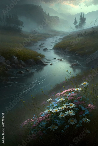 mountain landscape with river, stream. blooming meadow in spring or summer. dark clouds. generative ai, generative, ai