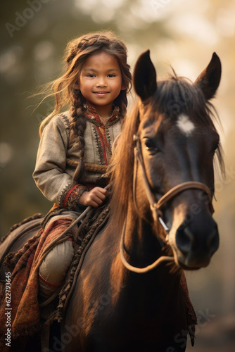 little Arabic, Turkish, child with a horse. girl at the farm in the forest in autumn. generative ai, generative, ai © Svetlana