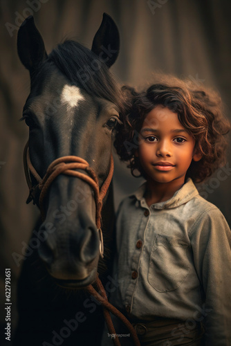 little Arabic, Turkish, child with a horse. girl at the farm in the forest in autumn. generative ai, generative, ai
