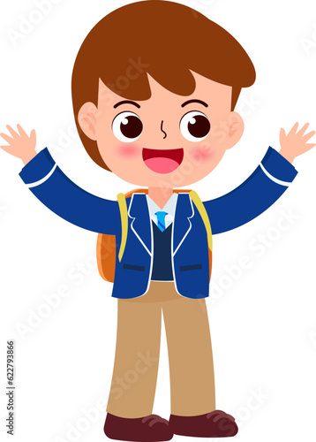 Cute schoolboy with backpack. Vector illustration on white background.
