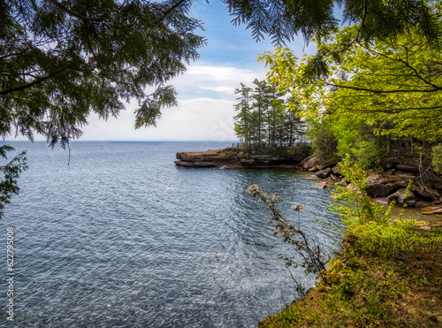 Rocky coastline of Lake Superior in Big Bay State Park in La Pointe on Madeline Island in the Apostle Islands National Lakeshore in Wisconsin USA