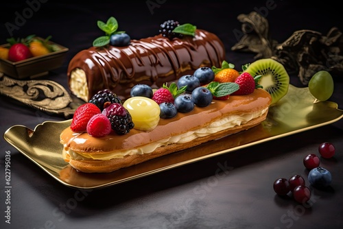 Fruit and Berry Eclair Cake, Delicious Fruits Milk Dessert, Glazed Eclairs, Abstract Generative AI Illustration