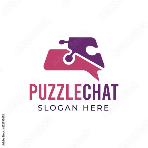 Puzzle chat logo template illustration. Chat bubble and puzzle icon. Speech Balloons with Puzzle for creative communication logo emblem