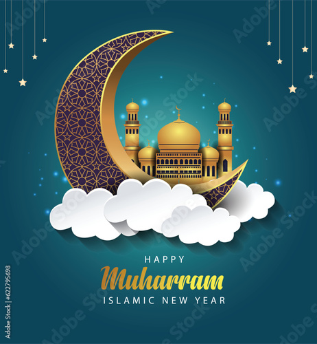 Happy muharram islamic new hijri year black background. abstract vector illustration design photo