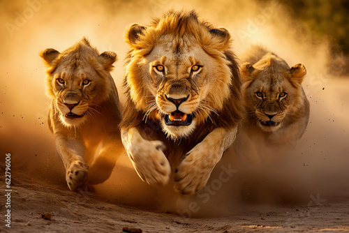 A lion pride hunting  prey through the dry savanna towards the camera, beautiful male lion in the middle. 