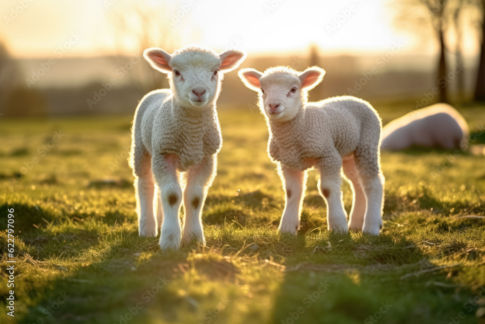 Two young lamb sheep on spring meadow looking curious into camera, nice warm afternoon sunlight haze. Generative AI Two young lamb sheep on spring meadow looking curious into camera, nice warm afternoon sunlight haze. Generative AI