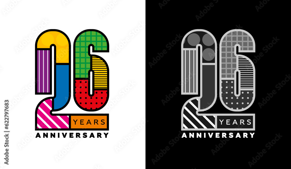 26th anniversary logo set, twenty sixth badge, colorful logo for celebration event, invitation, congratulations, web template, flyer and booklet, retro symbol