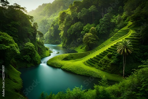 A winding river flowing through the rainforest, with exotic plants and wildlife thriving along its banks