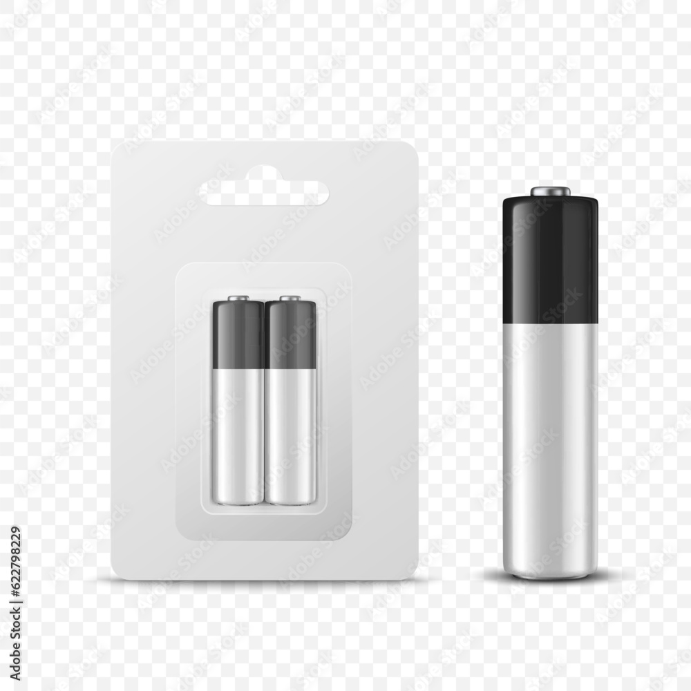 Vector 3d Realistic Two Alkaline Black and White Battery in Paper Blister and Battery Icon Closeup Set Isolated. AA Size, Vertical Position. Design Template for Branding, Mockup