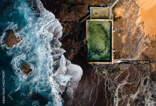 Aerial view of a natural pool along Robert Dunn Reserve coastline, Moan Vale, New South Wales, Sydney, Australia. photo
