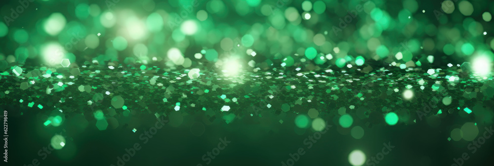 Banner, abstract green background with bokeh and sparkles, holiday background. AI generative.