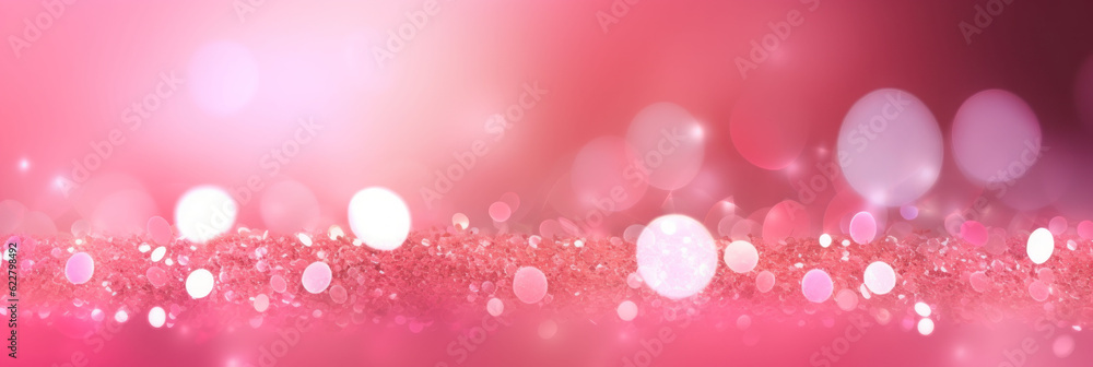 Banner, abstract pink background with bokeh and sparkles, holiday. AI generative.