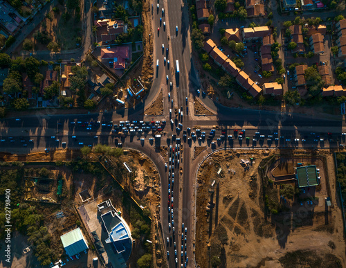 Aerial view of vehicles in a road intersection in Gaborone, Botswana, Africa. photo