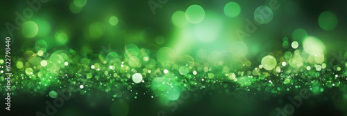 Banner, abstract green background with bokeh and sparkles. AI generative.