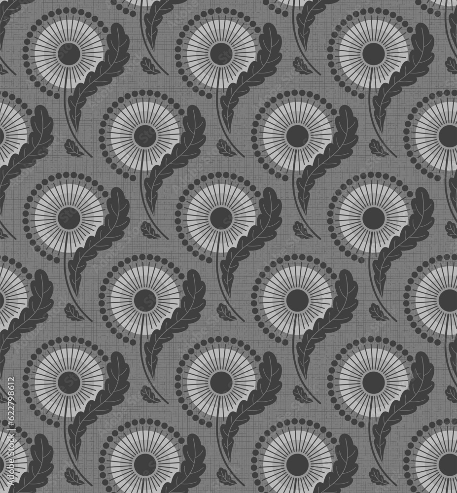 GREY TEXTURED VECTOR SEAMLESS BACKGROUND WITH BLOOMING DANDELIONS IN ART NOUVEAU STYLE GREY TEXTURED VECTOR SEAMLESS BACKGROUND WITH BLOOMING DANDELIONS IN ART NOUVEAU STYLE