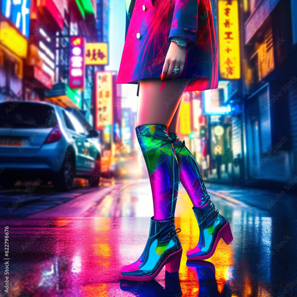A woman standing on a bustling city street wearing colorful shiny boots  Generative Ai