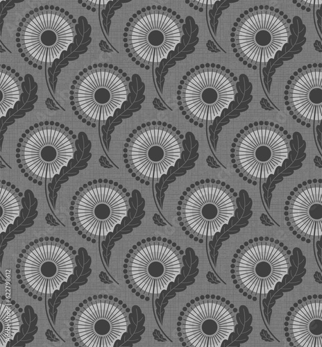 GREY TEXTURED VECTOR SEAMLESS BACKGROUND WITH BLOOMING DANDELIONS IN ART NOUVEAU STYLE