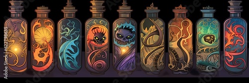 Set of decorative magic bottles with different elements