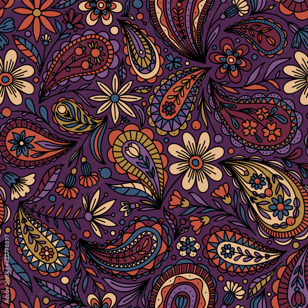 DARK LILAC VECTOR SEAMLESS BACKGROUND WITH MULTICOLORED FLORAL PAISLEY ORNAMENT