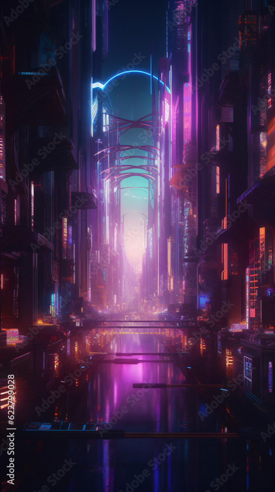 A vibrant and illuminated cityscape at night, surrounded by futuristic neon lights Generative Ai