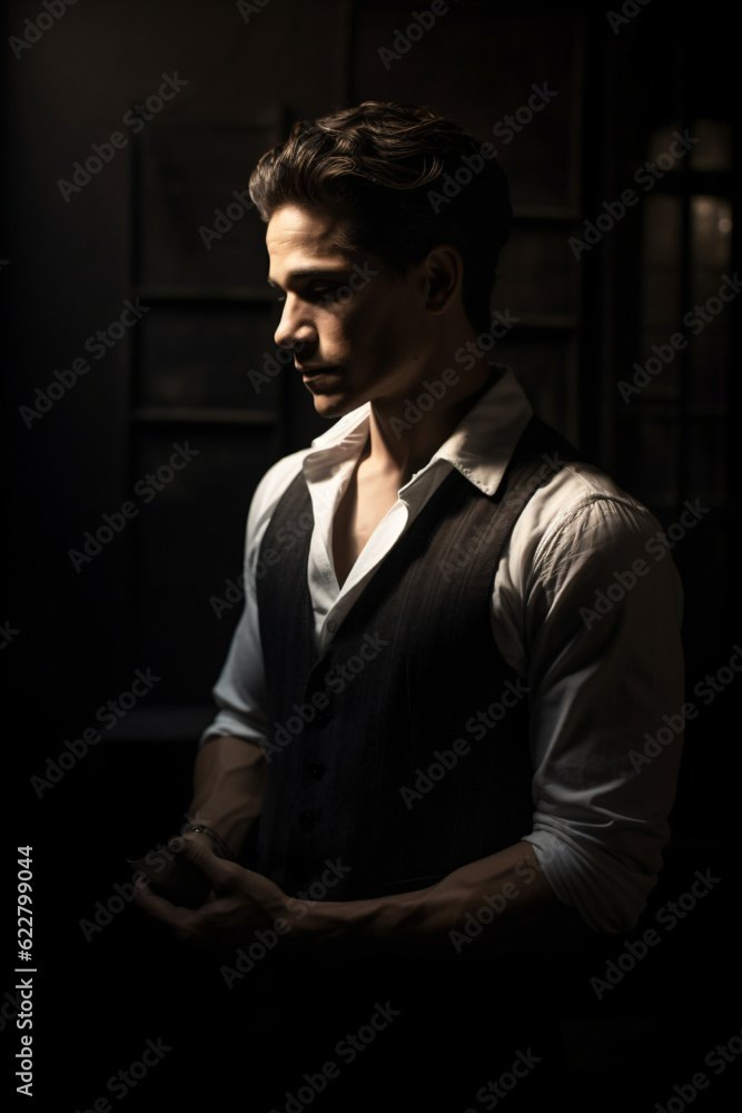 A man standing in a dark room wearing a vest Generative Ai A man standing in a dark room wearing a vest Generative Ai