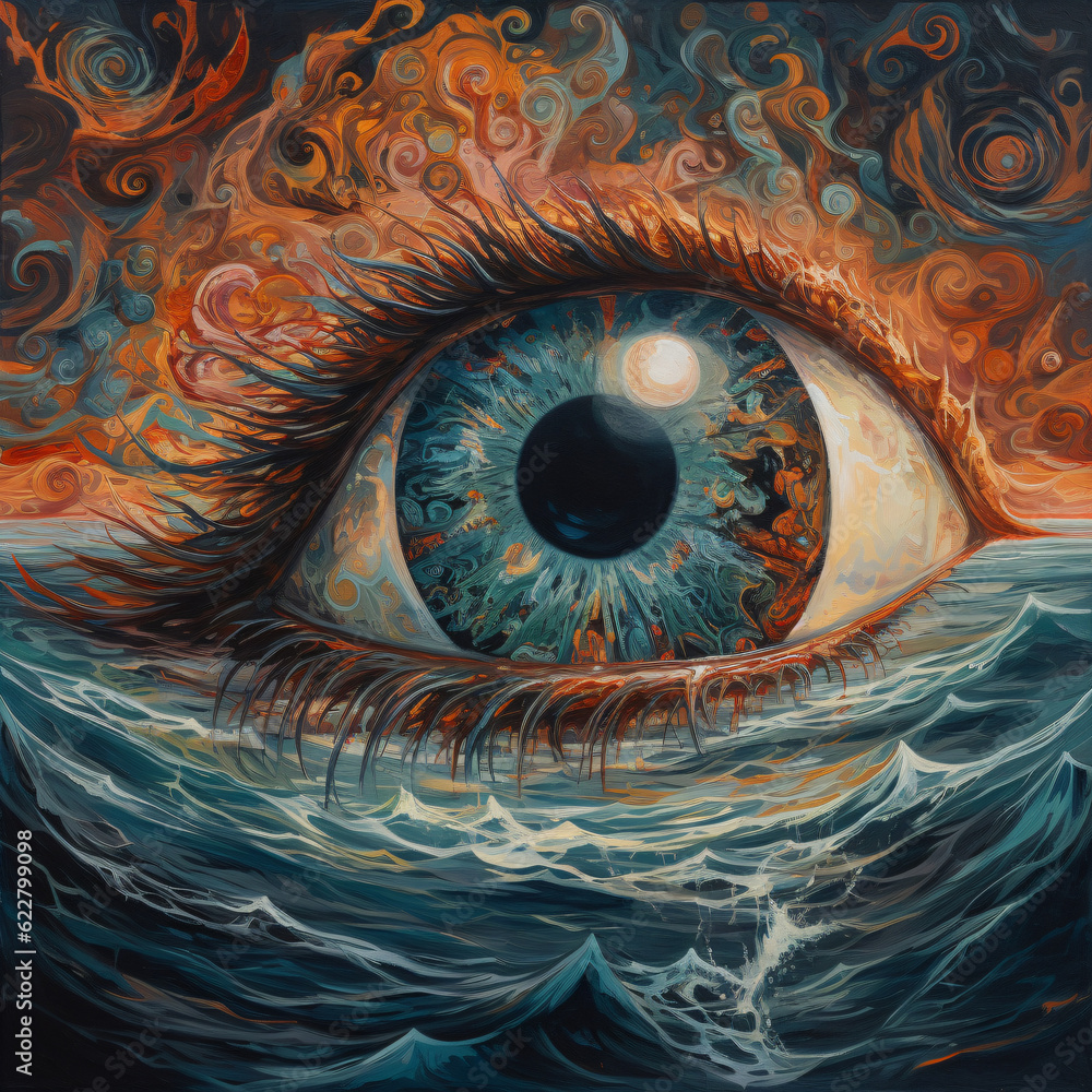 A surrealistic painting of an eye emerging from the sea  Generative Ai