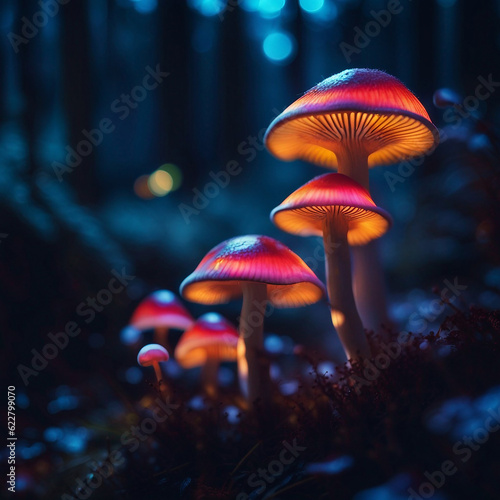 Fototapeta Image of glowing mushrooms in forest at twilight, created by artificial intelligence