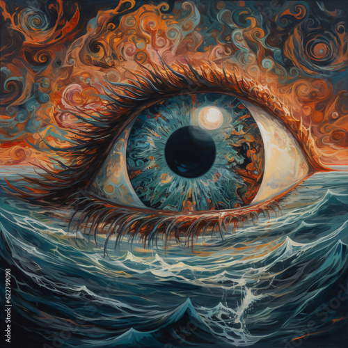 A surrealistic painting of an eye emerging from the sea  Generative Ai