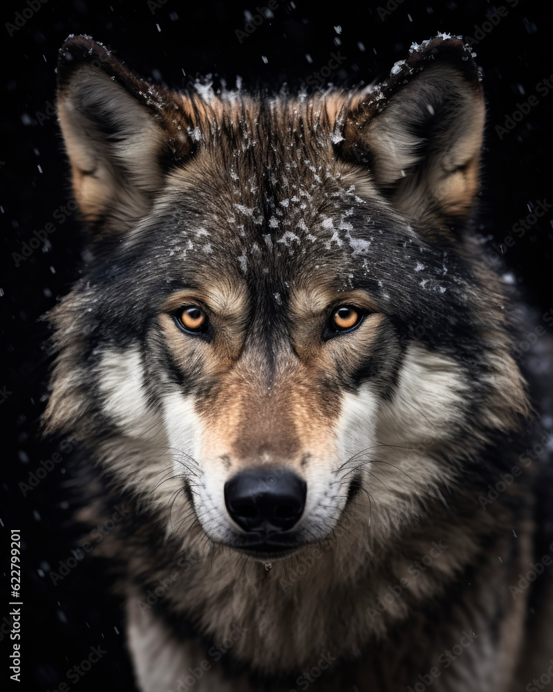 Generated photorealistic image of a wild mother wolf with yellow eyes