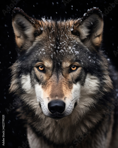 Generated photorealistic image of a wild mother wolf with yellow eyes