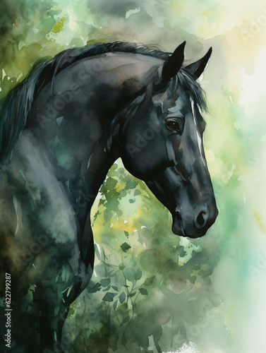 A majestic black horse standing in a  forest setting Generative Ai © Eduardo