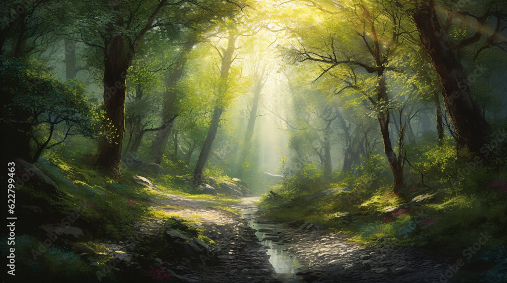 Obraz premium A sunlit forest with rays of light filtering through the trees Generative Ai