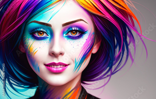 Beautiful girl with futuristic hairstyle and bright makeup. Generative AI