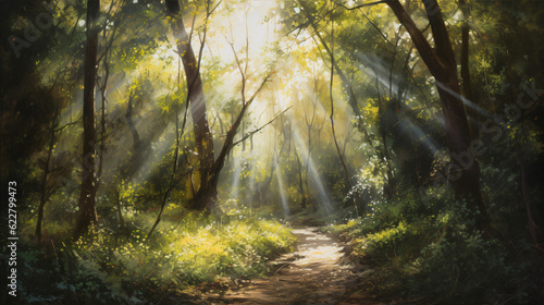 A forest path leading into the unknown with sunlight passing through trees Generative Ai