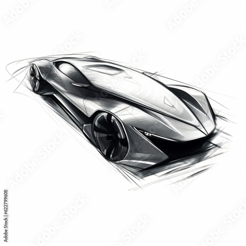 A black and white futuristic car drawing sketch on a white background Generative Ai