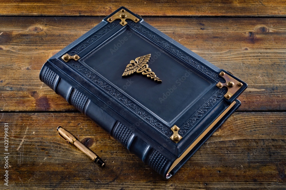 Blue leather book with Caduceus symbol lay down to wooden table Blue leather book with Caduceus symbol lay down to wooden table
