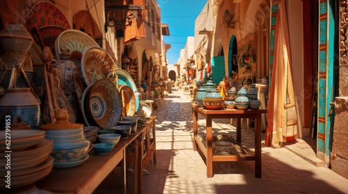 Shopping street in the style of Djerba Houmt Souk and Midoun markets – a souk with classic Tunisian goods. Generative AI. photo