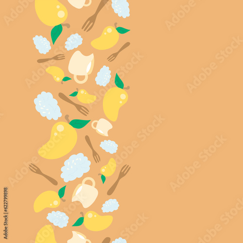 vertical colorful mango sticky rice concept seamless pattern on white background. vector abstract illustration.