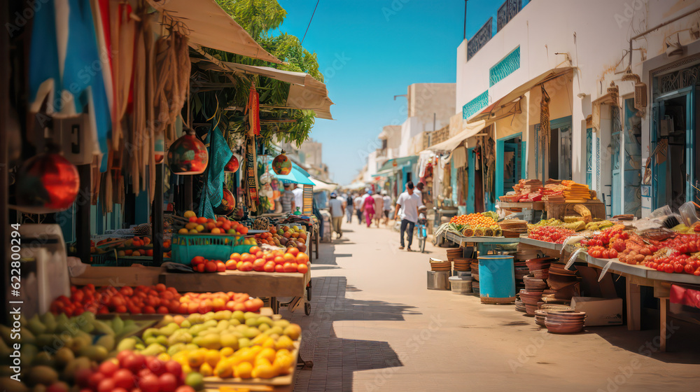 Colorful shopping street in the style of Djerba's Houmt Souk and Midoun markets, brimming with fruits and vegetable stalls. Generative AI.