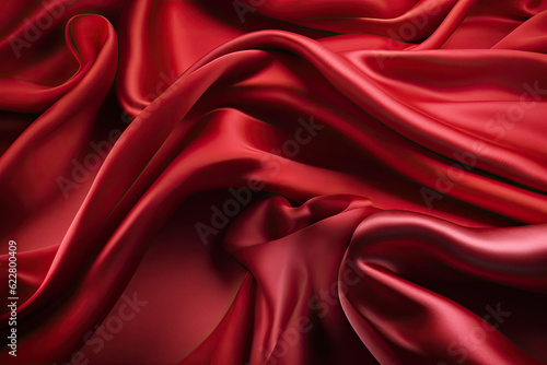 Abstract red smooth silk background. Satin elegant luxury fabric. Beautiful soft folds on the surface of the fabric. Generative AI