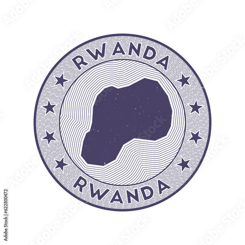 Rwanda round badge vector. Country round stamp with shape of Rwanda, isolines and circular country name. Appealing emblem. Radiant vector illustration.