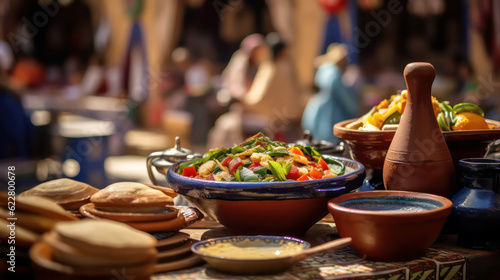 Delicious tajine dish in the vibrant surroundings of a market street  reminiscent of Djerba s classic Tunisian markets. Generative AI.