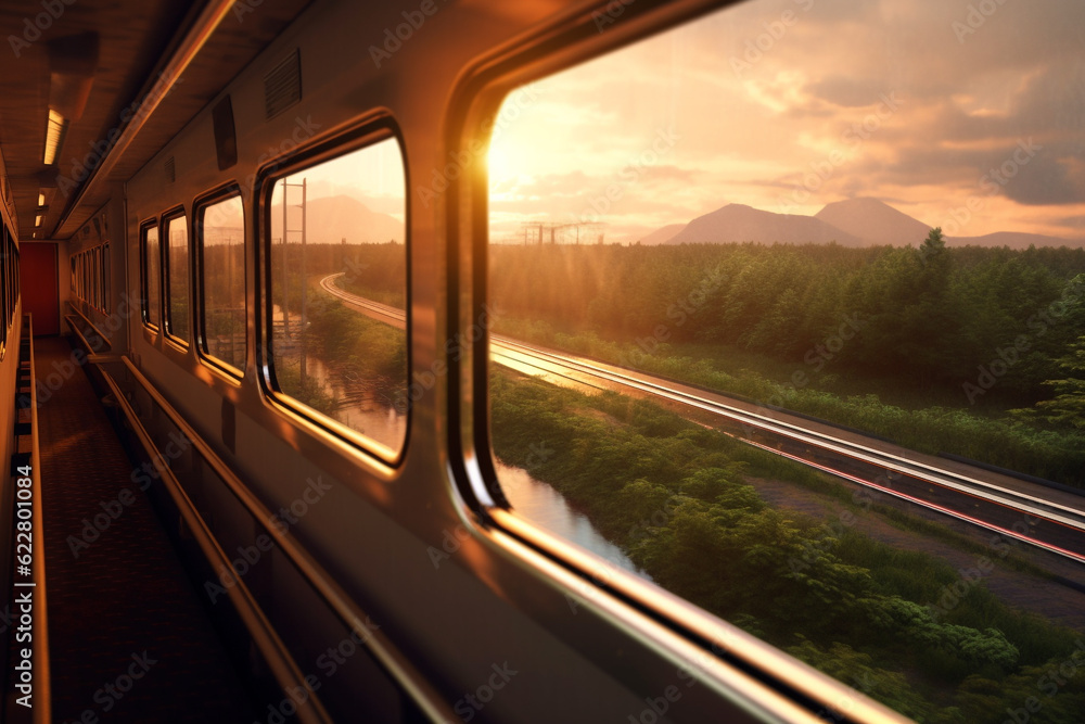 Fototapeta premium The train view from the window. Panoramic and free view, perspective, rest in motion, vacation freedom. Relaxation. It beckons the unknown in the future. Sunset through the window.