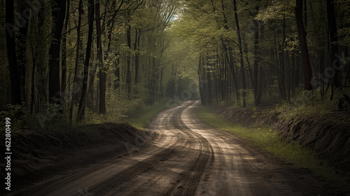 Winding dirt forest road. No people. © PaulShlykov